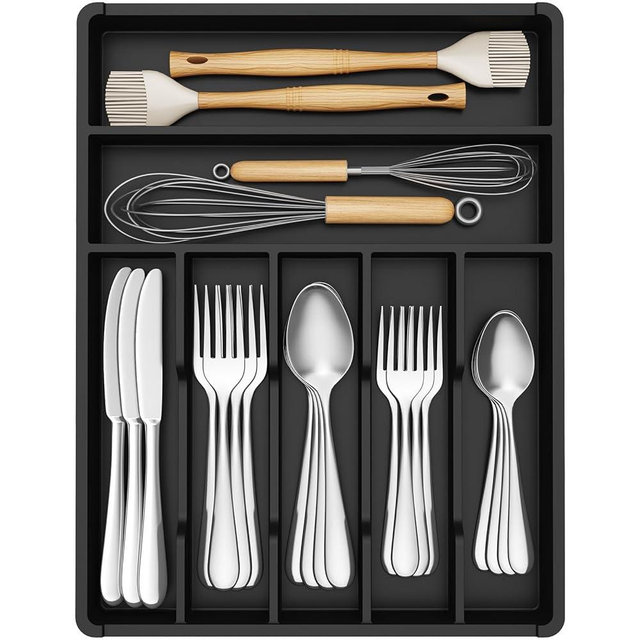 Lifewit Silverware Drawer Organizer Tray, Plastic Cutlery Storage for Kitchen, Flatware and Utensil Holder Divider for Spoons Forks Knives Tableware, 12.3 x 16", 7 Slots, Black