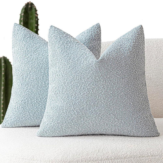 Foindtower Pack of 2 Modern Textured Boucle Throw Pillow Covers Accent Solid Decorative Pillow Cases Cozy Woven Couch Cushion Case for Chair Sofa Bed Living Room Home Decor, 18 x 18 Inch, Light Blue