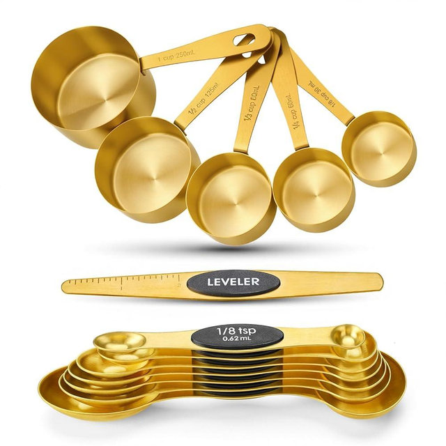 Foyucool Gold Measuring Cups and Spoons, Set of 13, Including 8 Dual Sided Magnetic Measuring Spoons set with Leveler, 5 Measuring Cups, Stainless Steel Kitchen Gadgets for Liquid & Dry Ingredients