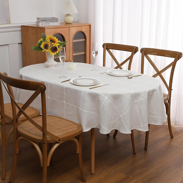 Gernaice Plaid 60x84 Inch Oval Tablecloth, Farmhouse Embroidered Fabric Checkered Table Cloth, Dust Proof Wrinkle Free Washable Table Cover for Party Kitchen Dining Picnic, White
