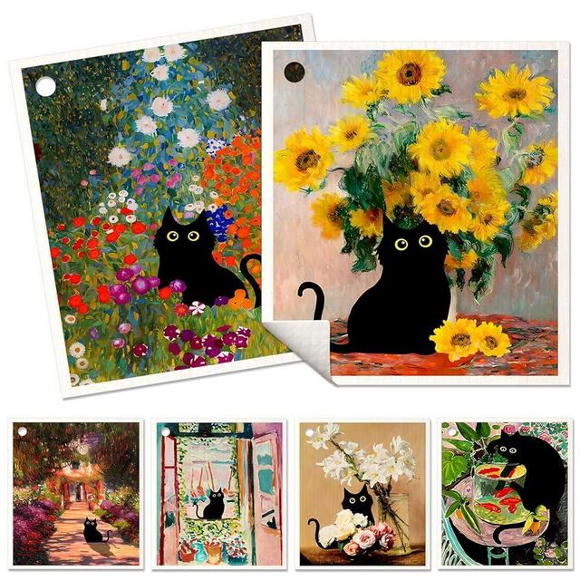 Miss Adola Swedish Dishcloths for Kitchen Reusable Swedish Cloths for Washing Dishes Absorbent Fast Drying Cleaning Swedish Sponge Cute Pattern Decorate 6Pack Washable Swedish Towels, Floral Cat