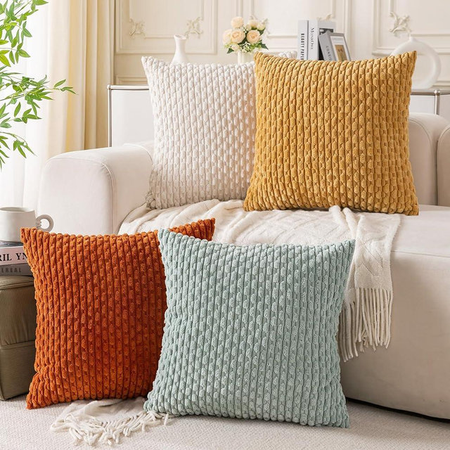 Cozoomy Set of 4 Yellow Rust Aqua Decorative Throw Pillow Covers 18x18 Inch Corduroy Pillow Covers for Bed Couch Sofa Living Room Soft Square Cushion Cases