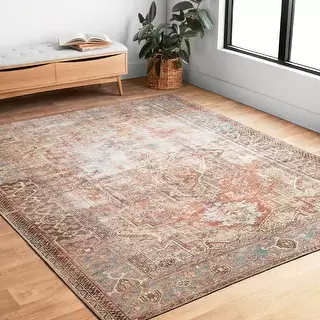 Alexander Home Tremezzina Printed Boho Terracotta Sky Distressed Rug - 7'6" x 9'6" - Terracotta/Sky