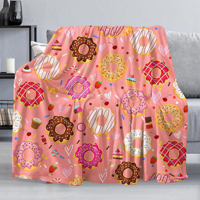 Cartoon Donuts Flannel Throw Blanket - Lightweight, Soft, Comfy Plush for Sofa, Office, Travel, Camping, Home (50x60in)