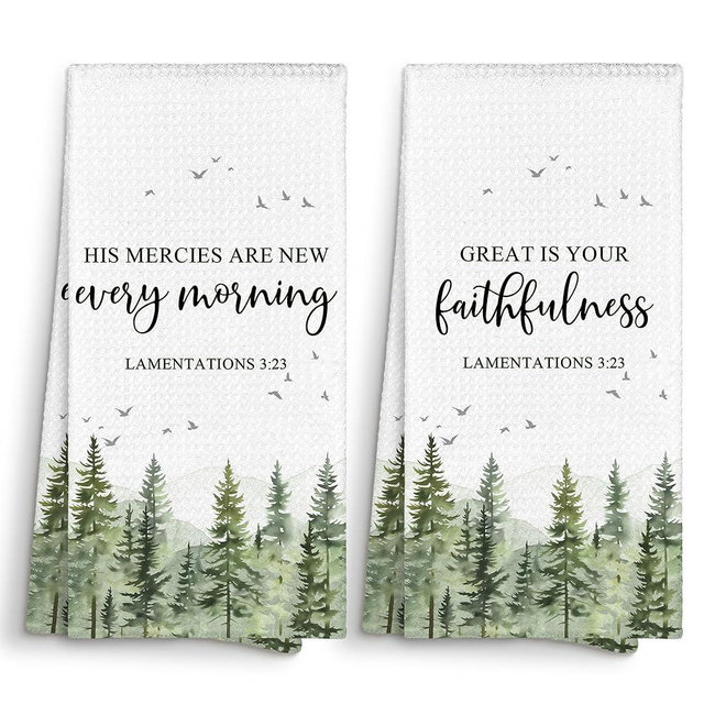 Sviojuce Woodland Christian Bible Verse Lamentations Kitchen Towels 16x24 Set of 2, His Mercies are New Dish Towels Cloths Dishcloths Tea Towel, Mountain Forest Scripture Bathroom Hand Towel Decor