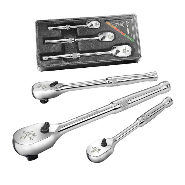 DURATECH 3-Piece Ratchet Set, 1/4", 3/8", 1/2" Drive Ratchets, Dirt Resistance 90-Tooth Ratchet Wrench, Chrome Alloy Made, Fully Polished, Organized in Storage Case