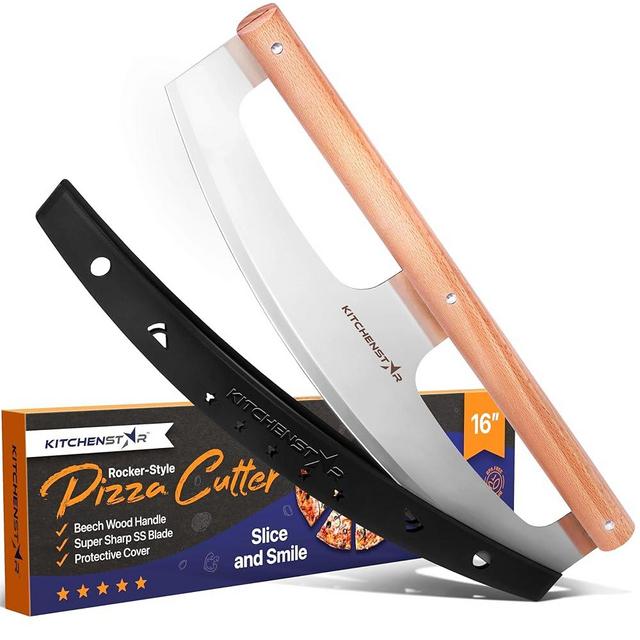 16" Pizza Cutter Rocker by KitchenStar - Razor Sharp Stainless Steel Slicer Knife w Wooden Handle & Blade Cover, Silver - Premium Pizza Oven Accessories