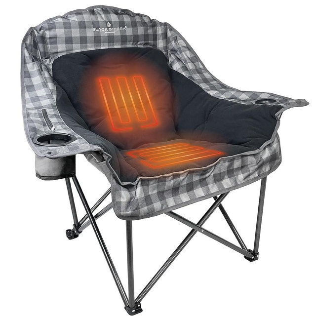 Black Sierra Heated Fleece Camping Chair for Adults, Oversized Outdoor Seat with Plush Padding, Supports 400lbs, Cup Holders and Carry Bag, Heavy Duty Folding Chair for Tailgating or Patio (Black)