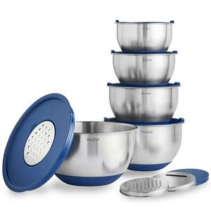 VonShef Nested Mixing Bowl Set With Lids, Non Slip Surface, Measurement Marks and 3 Assorted Grater Attachments, Stainless Steel Mirror Finish Bowls, 5 Piece
