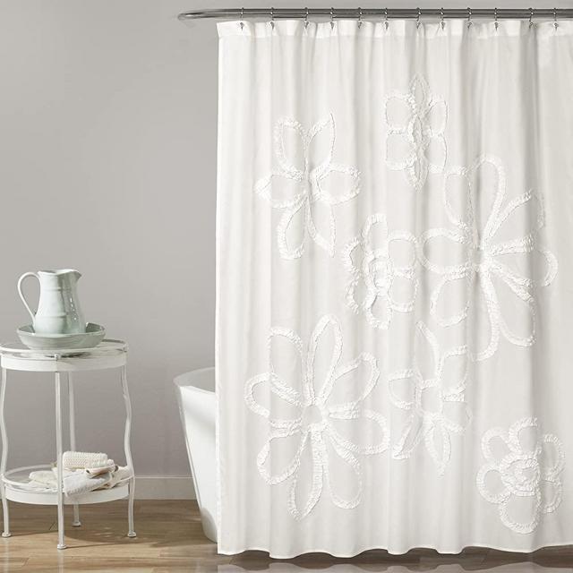 Lush Decor, White Ruffle Flower Shower Curtain | Floral Textured Shabby Chic Farmhouse Style Design, x 72, 72" x 72"