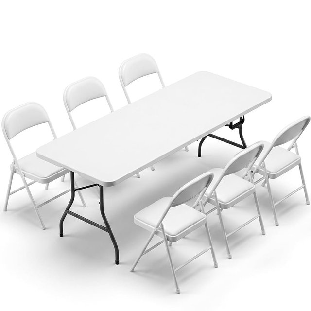Portable 7-Piece Folding Table and Chairs Set for 6 – Heavy-Duty 6FT Foldable Plastic Table with Carrying Handle &6 PU Leather Padded Chairs,All-Weather Indoor Outdoor for Party Wedding Picnic Camping