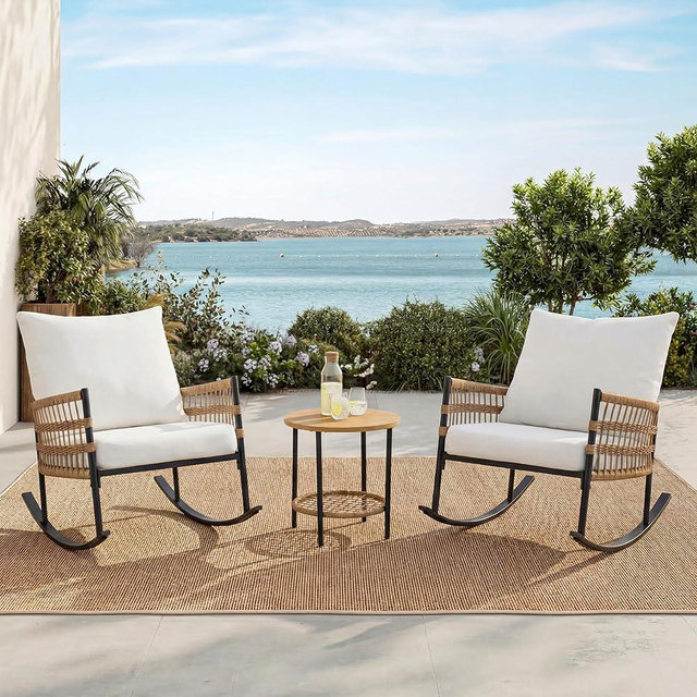 LAUSAINT HOME 3-Piece Patio Rocking Chairs Set, Outdoor PE Wicker Patio Furniture with Thick Cushions, All-Weather Rattan Bistro Sets & 2-Tier Coffee Table for Porch Garden Backyard (Beige)