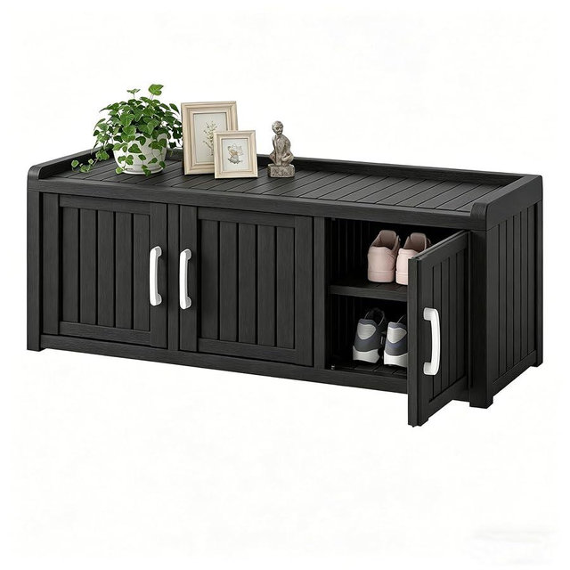 NBYSGO 2-Tier Storage Bench, Waterproof UV-Resistant Outdoor Shoe Storage Cabinet with 3 Doors & Adjustable Shelves for Indoor Outdoor Entryway, Hallway, Living Room (Classic Black)