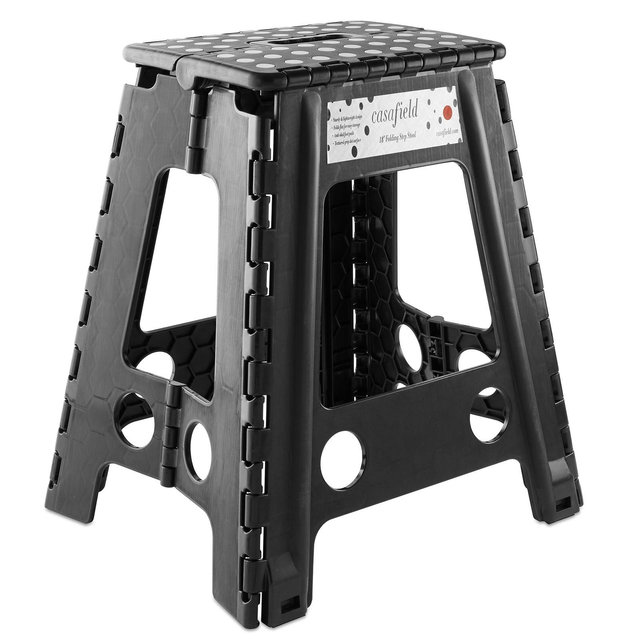 Casafield 18" Folding Step Stool with Handle - Black, Collapsible Foot Stool for Adults, Use in Kitchen and Bathroom
