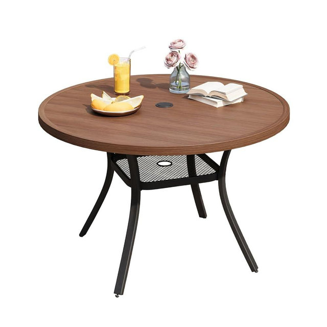 DIFY 48" Round Patio Dining Table for 6, All Weather Round Outdoor Metal Dining Table with 1.57" Umbrella Hole, Perfect for Backyard Lawn Garden, Walnut