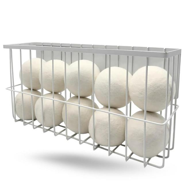 10 XL Wool Dryer Balls Laundry Reusable from New Zealand Wool & Magnetic Dryer Ball Holder - Laundry Wool Dryer Balls Storage Containers: Easy Install Without Tools, Magnetic Basket for Dryer Balls