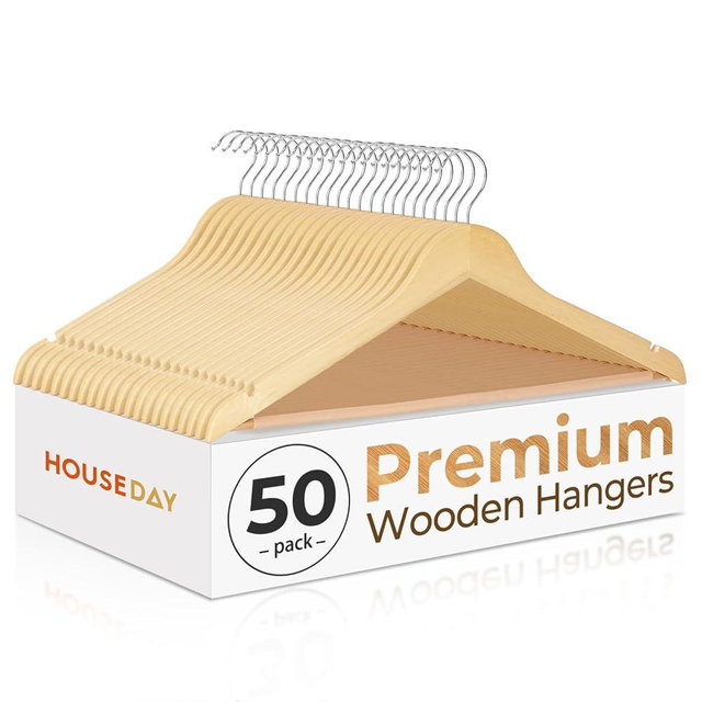 HOUSE DAY Premium Wooden Coat Hangers 50 Pack, Heavy Duty Solid Wood Clothes Hangers with 360° Swivel Hook & Pant Bar for Jackets, Dress, Shirts, Natural Wood Suit Hanger for Closet Organizer