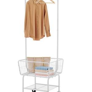 Tajsoon Laundry Cart with Hanging Rack, Metal Laundry Basket with White, Wheels, Laundry Hamper with Storage Basket and Shelf, Rolling Laundry Cart with Wheels