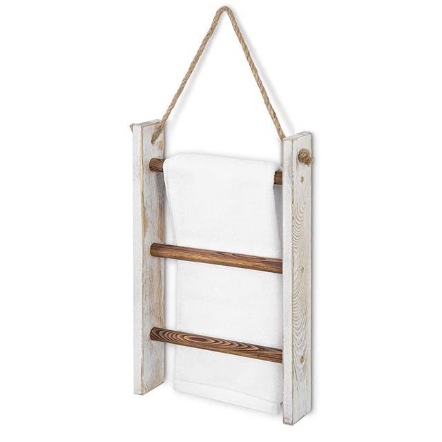 MyGift Shabby Whitewashed Wood and Burnt Brown Bars Wall Hanging Hand Towel Storage Ladder with Rustic Rope