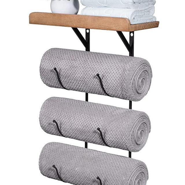 Towel Rack Wall Mounted for Bathroom, IRIIJANE Metal Bath Towel Holder Storage Hand Towels w/ Wood Shelf and 3 Hooks for Small Bathroom Organizer Decor or RV Camper, Black