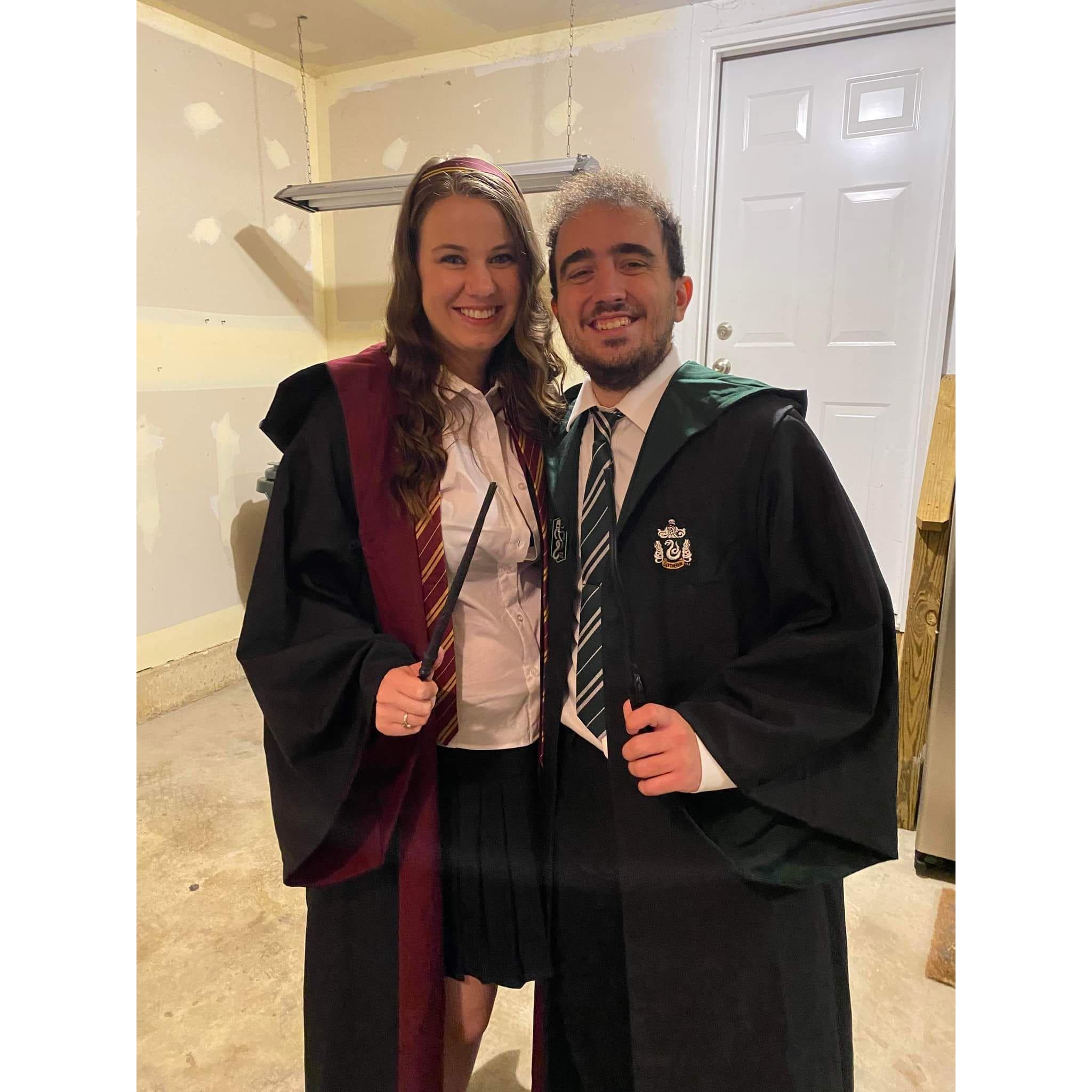 At a friend's Halloween party...any excuse to wear Hogwarts robes.