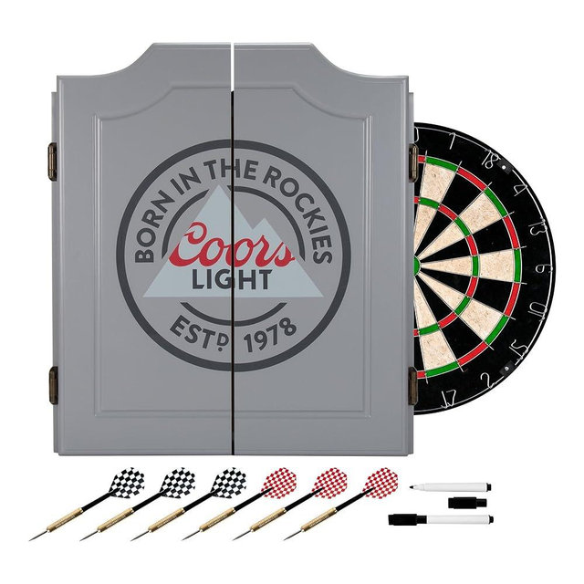 Dart Board Cabinet Set - Coors Light Logo Dart Board with 6 Steel Tip Darts, Scoreboard, Hanging Wood Cupboard by Trademark Gameroom