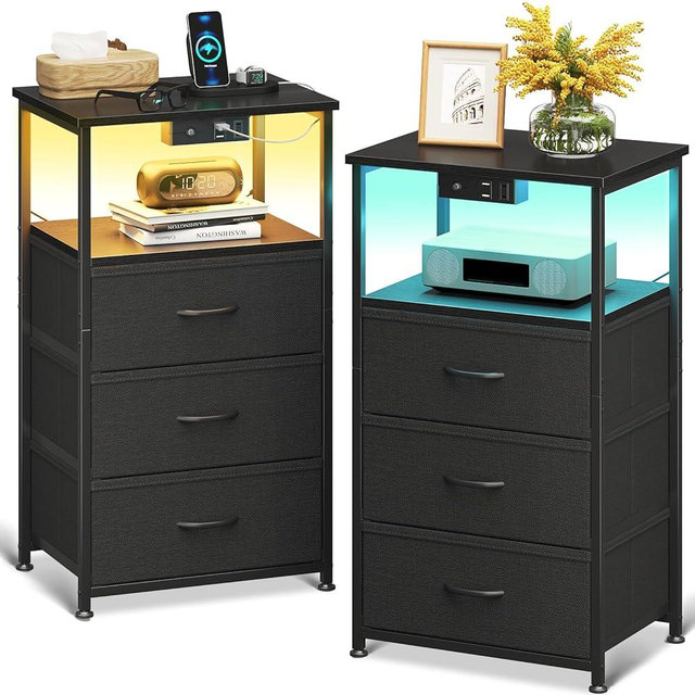 Casaottima Night Stand Set 2, Bedside Tables with Charging Station, LED Nightstand with Fabric Drawers, End Tablewith Open Shelf, Small Nightstand for Bedroom, Black
