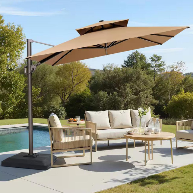 Crestlive Products 12ft. x 9ft. Double Top Patio Cantilever Umbrella in Tan Brown Tiltable Outdoor Offset Umbrella w/350 lbs. Wheeled Base CL-UWB6024TAN-N