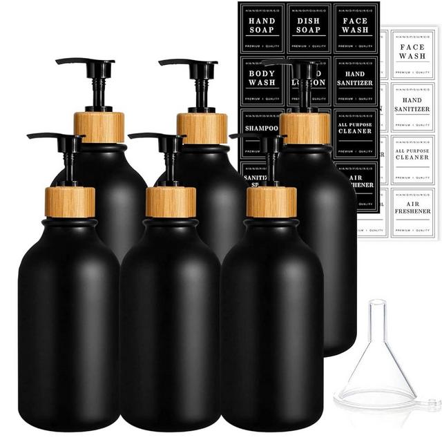 rulebey 6PACK 16.9Oz Soap Dispenser Bottle, Bamboo Lid Soap Bottle with Anti-Rust Pump, Hand Soap Dispensers Dish Soap Dispenser for Kitchen, Shampoo Lotion Black Plastic Soap Dispenser for Bathroom