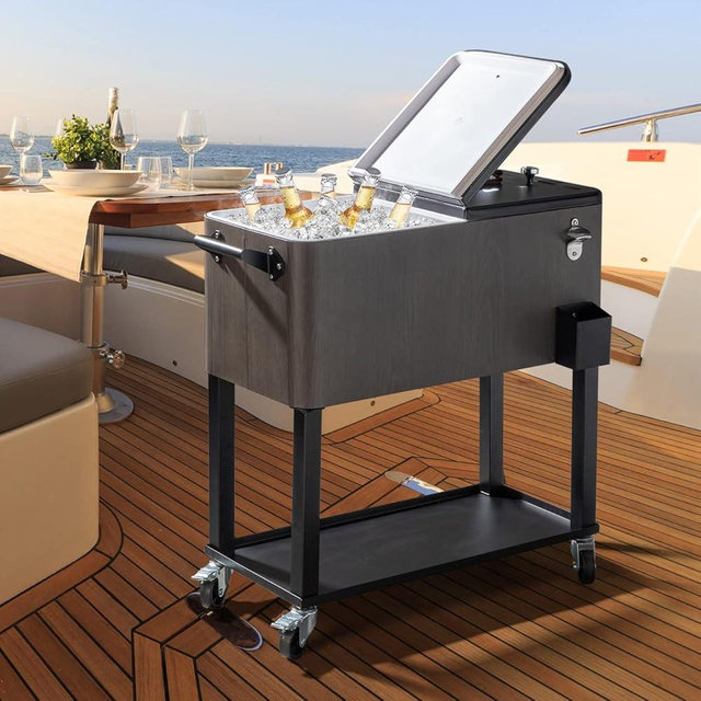 SSLine Portable Rolling Patio Cooler Ice Chest with Wheels Outdoor Cold Drink Beverage Bar Cart with Storage Shelf & Bottle Opener Home Deck Backyard Party Cooler Tub Trolley Cart