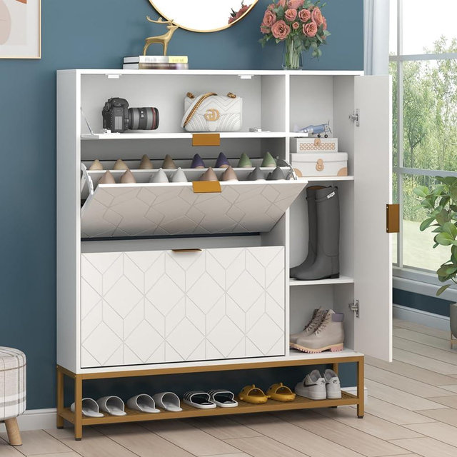 Loomie Shoe Cabinet,Freestanding Tipping Bucket Shoe Rack Organizer with 2 Flip Drawers,Entryway Narrow Shoe Storage with Adjustable Storage Shelf &Top Cubby,Modern Slim Hidden Shoe Cabinet, White