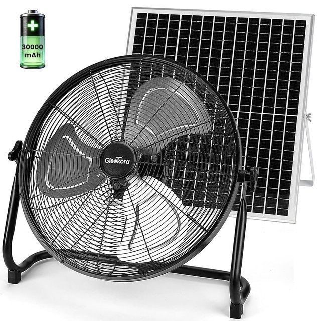 Gleekora 18'' Solar Powered Fan with 35W Solar Panel, Rechargeable Battery Operated Floor Fan with 23FT Cable, Cordless Portable Outdoor Fans for Home, Camping, Chicken Coop, Greenhouse, Power Outages