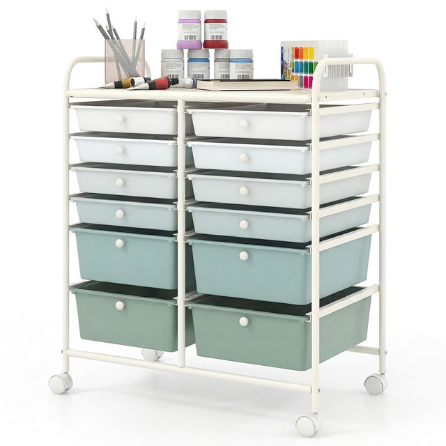 COSTWAY 12-Drawer Rolling Storage Cart, Moveable Art Craft Organizer | Lockable Wheels, Metal Shelf, Files Arrangement Tools Makeup Storage Cart for Office, Home, School (Green Gradient)