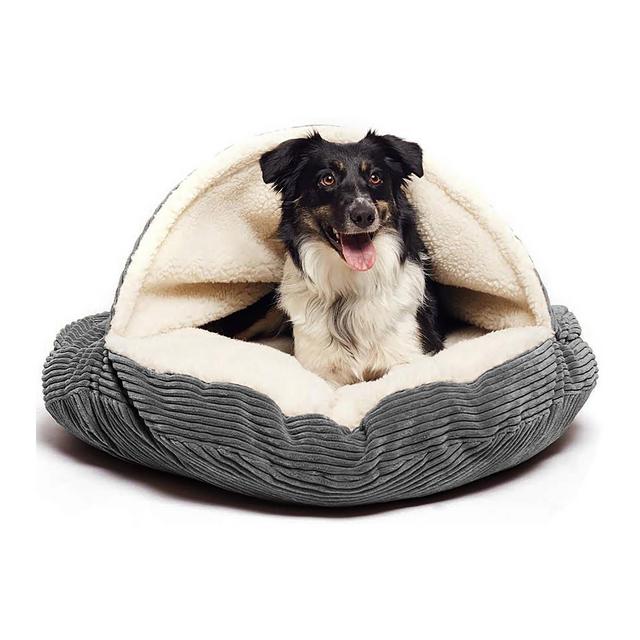 Precious Tails Cozy Corduroy Sherpa Lined Cave Dog Bed - L - Gray