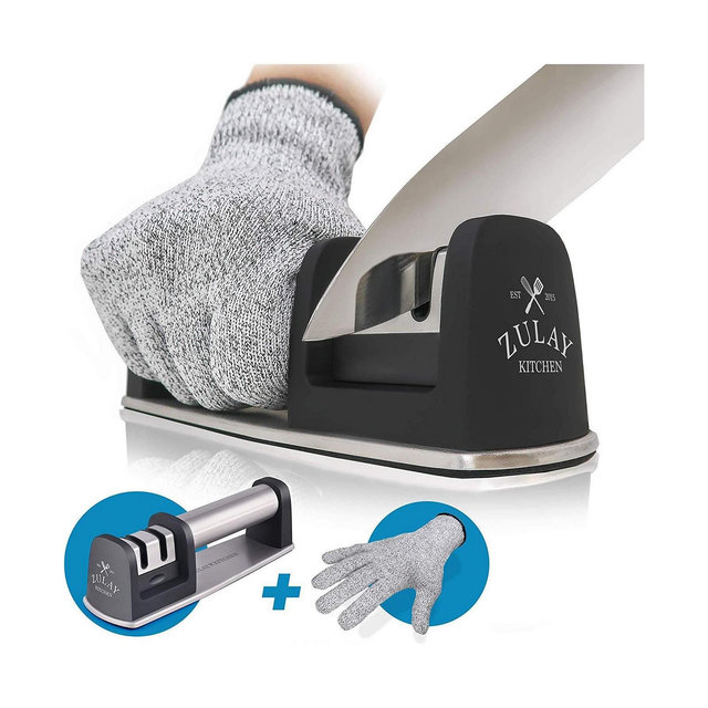 Zulay Kitchen Knife Sharpener & Cut-Resistant Glove (2-Stage Knife Sharpening)