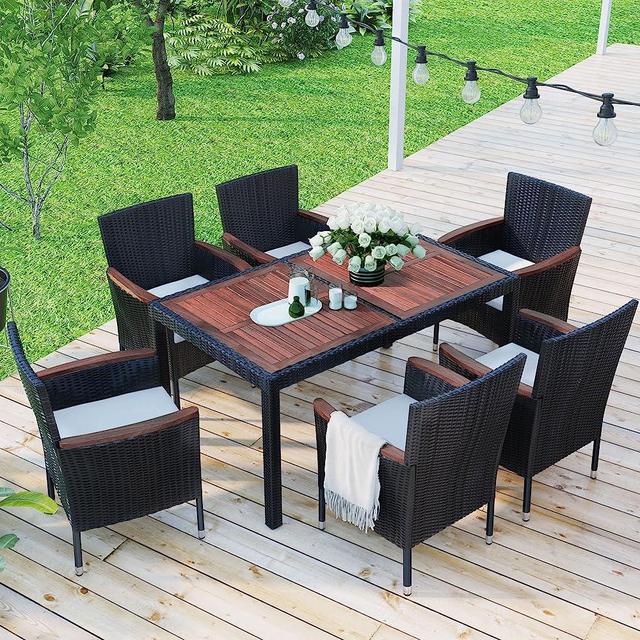 RITSU 7 Piece Outdoor Patio Set, Including 1 Wicker Dining Table and 4, Acacia Wood Tabletop, Stackable Armrest Chairs with Cushions for Poolside, Lawn, Backyard, Garden, Reddish Brown
