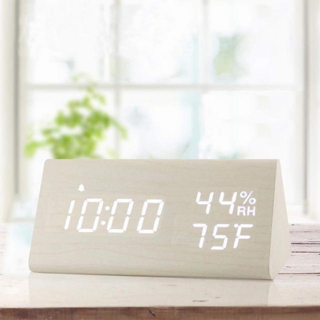 Digital Alarm Clock, with Wooden Electronic LED Time Display, 3 Alarm Settings, Humidity & Temperature Detect, Wood Made Electric Clocks for Bedroom, Bedside (White)