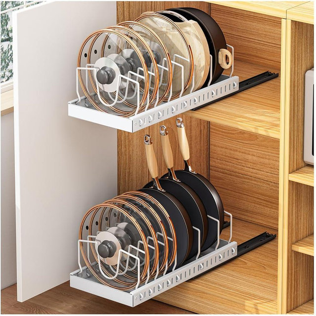 Pots and Pans Organizer Under Cabinet, 2 Pack Pull Out Cabinet Organizers for Kitchen, Pan Organizers Inside Cabinet and Storage with 8 Adjustable Dividers