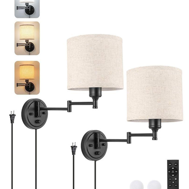 Plug in Wall Sconces with Remote Control, Dimming 10%-100% & Adjustable Colors 2700K-6500K, Hardwire or Plug-in, Swing Arm Wall Lamp with Linen Fabric Shade, Wall Sconces Set of Two, Black Finish