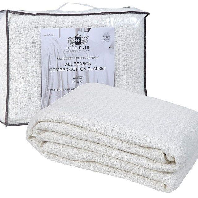 HILLFAIR 100% Soft Premium Combed Cotton Thermal Blanket– Twin Blankets – Soft Cozy Warm Cotton Blanket– Bed Throw Blanket– Twin Bed Blankets– All Season Cotton Blankets–Ivory Twin Cotton Blankets