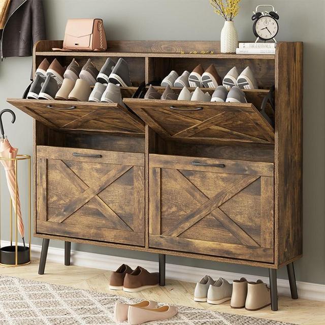 Maupvit Large Shoe Cabinet with 4 Flip Drawers, Freestanding Shoe Cabinet Organizer with Metal Drawer Bracket, Shoes Storage Cabinet for Entryway, Narrow Shoe Rack Cabinet, 5 Sturdy Legs, Rustic Brown