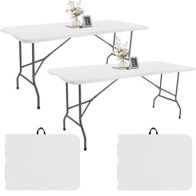 2 Pack 6 FT Folding Tables White Foldable Table, Fold-in-Half with Carrying Handle Portable Plastic Rectangular Table for Party, Dining, Wedding, Camping, Picnic, Indoor Outdoor Events