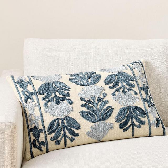 Francesca Embroidered Lumbar Pillow Cover, Ivory/Blue, 16" x 26"