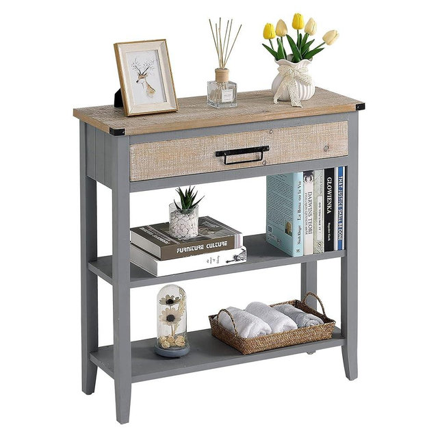 RUSTOWN Farmhouse Console Table with Drawer, 3-Tier Rustic Entryway Table with Open Storage Shelves and Handmade Metal Handle, Narrow Foyer Sofa Table for Living Room, Entryway, Hallway (Grey)