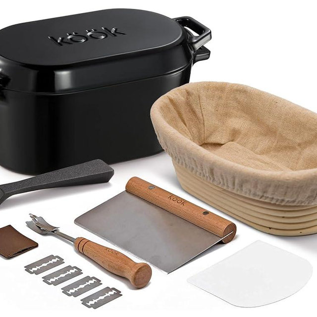 Kook Dutch Oven with Lid, Sourdough Bread Baking Supplies, Banneton Bread Proofing Set, Dual Handles, Enameled Cast Iron, Great for Baking Bread, 3.4 Qt, Artisan Sourdough Bread Making Kit, 9.8 Inch Rattan Baskets and Liners, Oval