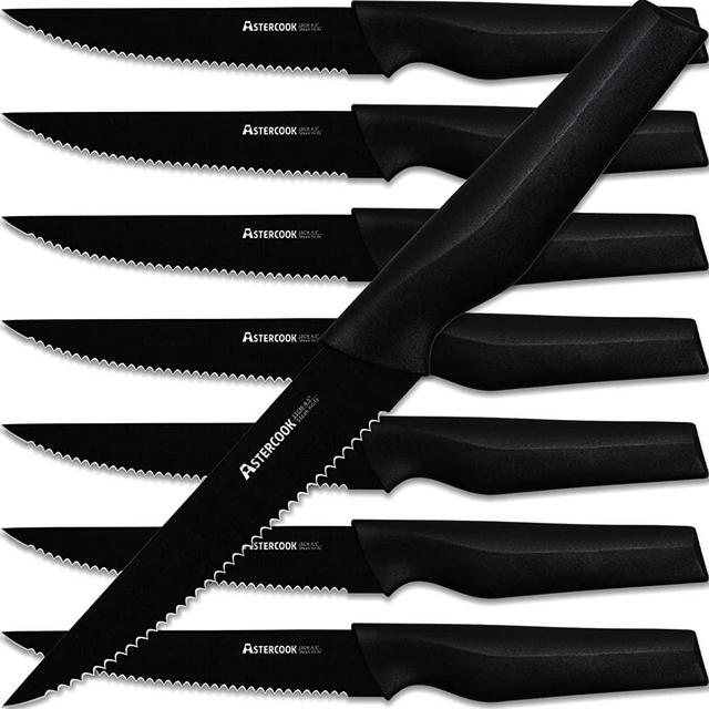 Steak Knives, Steak Knives Set of 8, Astercook Dishwasher Safe High Carbon Stainless Steel Serrated Steak Knife, Black