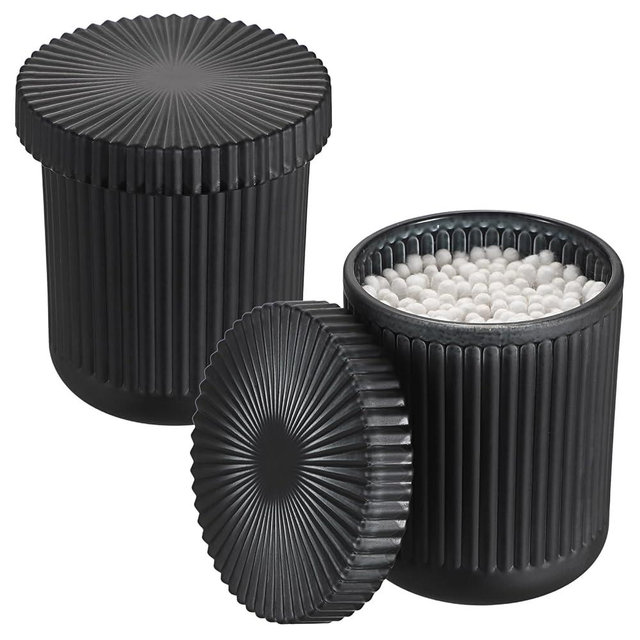 2 Pack Glass Qtip Holder with Lid, Qtip Dispenser Bathroom Storage Jars- Glass Apothecary Jars for Cotton Ball, Swab, Pads, Floss Picks, Bathroom Accessories Organization and Vanity Organizer(Black)