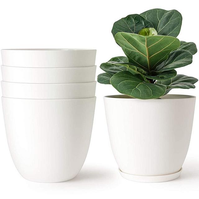 Mkono Plastic Planters Indoor Set of 5 Flower Plant Pots Modern Decorative Gardening Pot with Drainage and Saucer for All House Plants, Herbs, Foliage Plant, and Seeding Nursery, Cream White, 7.5"