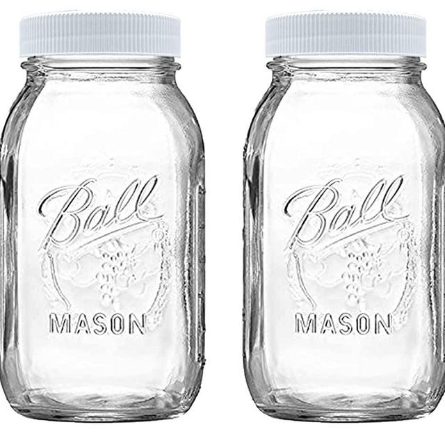Regular Mouth Mason Jars 32 oz - (2 Pack) - Ball Regular Mouth 32-Ounces Quart Mason Jars with White M.E.M Food Storage Plastic Lids, Caps Fit Ball and Kerr Regular Mouth - For Storage, Freezing, Leak Proof, Microwave & Diswasher Safe
