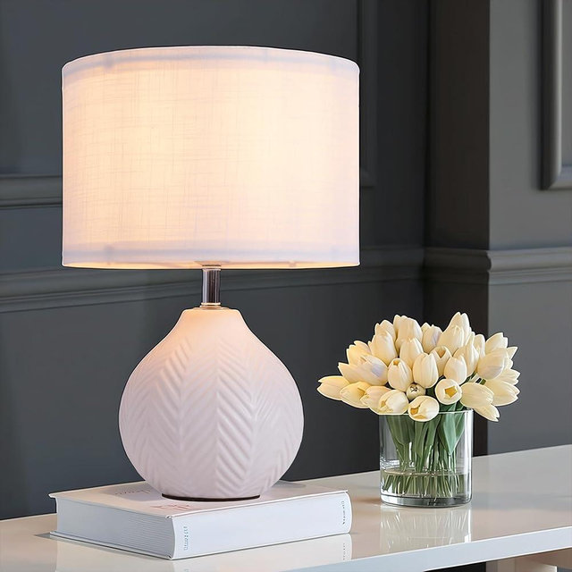 SOTTAE 12'' White Ceramic Table Lamp, Leaf Patterned Ceramic Desk Lamp Small Bedside Lamp with Linen Shade, Mid Century Modern Nightstand Lamp for Bedroom Living Room Reading Room
